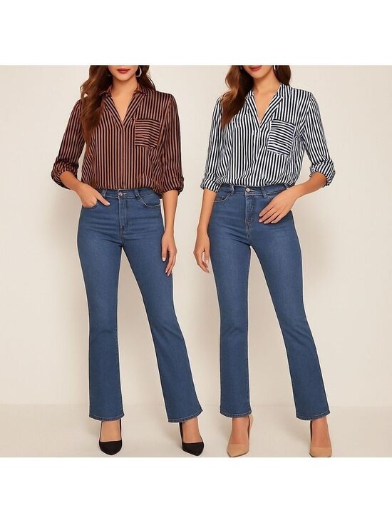 SHEIN Tops - SHEIN👚 Striped Blouse Duo/Set — Navy🤍 & Rust🖤 — Size M Workwear Tops✨